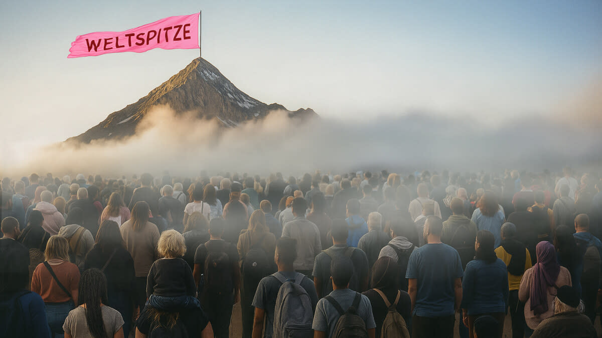 Viele Menschen stehe versammelt und blicken auf einen Berg, der Weg zur Spitze ist ihnen durch eine dichte Wolkendecke versperrt.