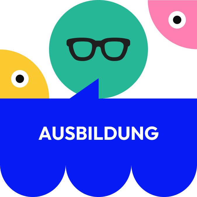 Mehrere abstrakte Sprechblasen, eine mit Brille