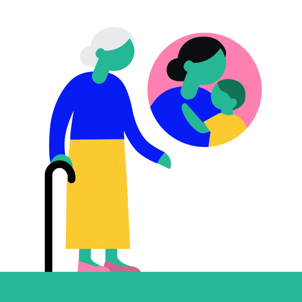 Illustration einer älteren Frau, die sich an ihre Zeit als Mutter erinnert.