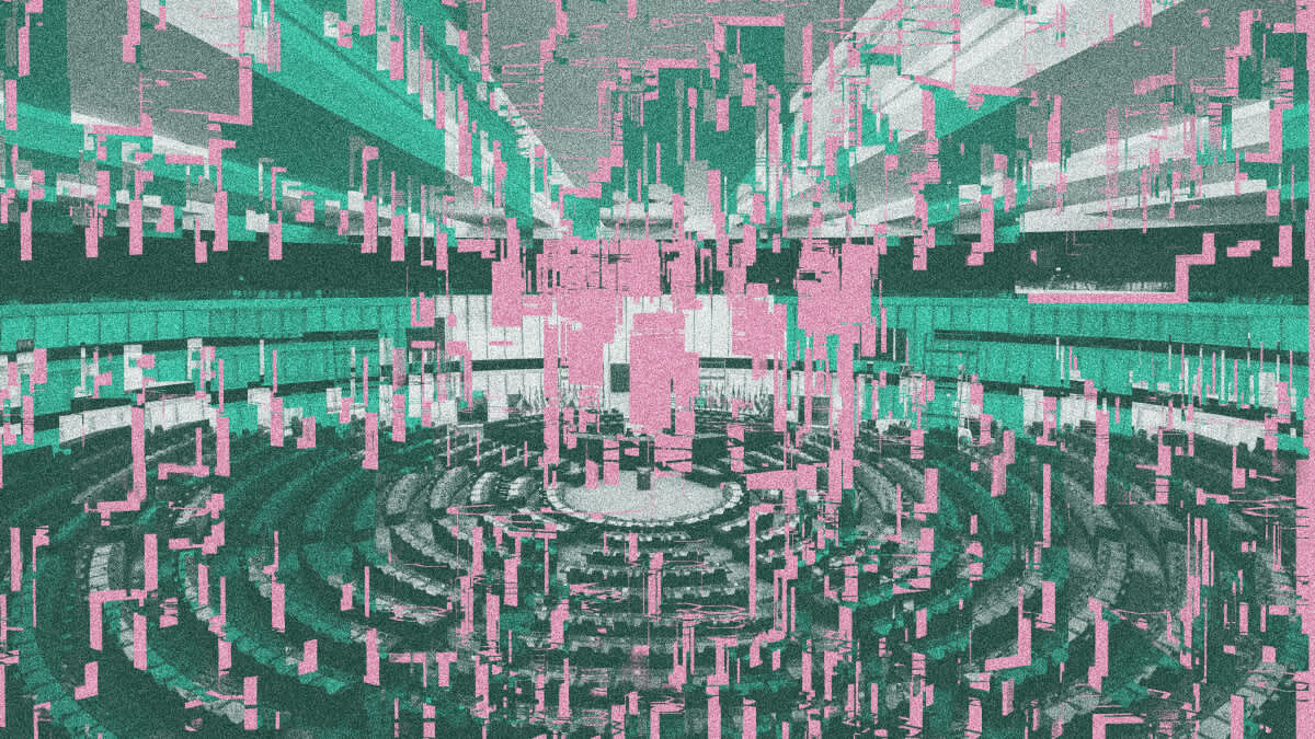 Ein stark verpixeltes Bild in grün und pink von einem Parlament.