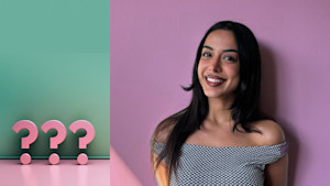 Porträt der Creatorin und Aktivistin hami.hsn vor einem lilafarbenen Hintergrund - daneben drei Fragezeichen in Pink.