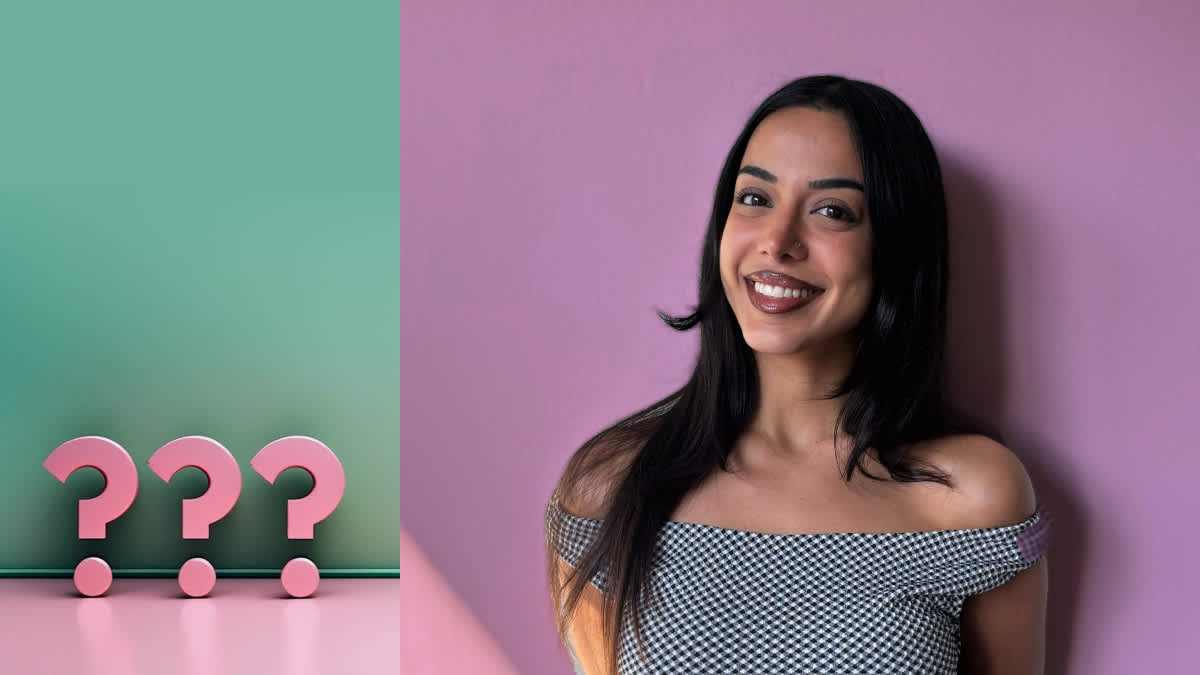 Porträt der Creatorin und Aktivistin hami.hsn vor einem lilafarbenen Hintergrund - daneben drei Fragezeichen in Pink.