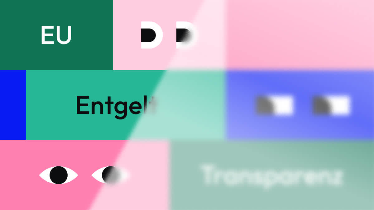 Grafik in grün, blau und pink zeigt Augenpaare und die Begriffe "EU", "Entgelt" und "Transparenz" - teilweise opak hinter einem Schleier.