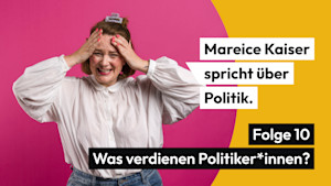 Journalistin Mareice Kaiser vor pink-gelbem Hintergrund. Sie stützt nachdenklich ihr Kinn auf ihrer Faust ab