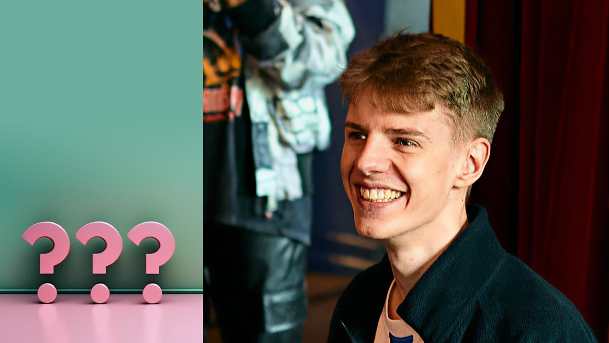 Porträt des TikTok Stars Levi Penell im Profil - links davon eine Grafik von drei Fragezeichen in pink.