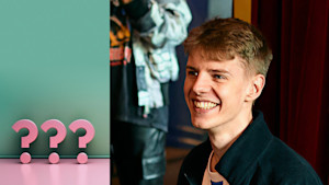 Porträt des TikTok Stars Levi Penell im Profil - links davon eine Grafik von drei Fragezeichen in pink.