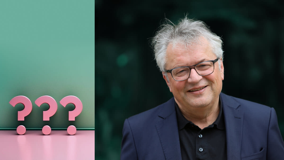 Angelehnt an einen grünen Hintergrund stehen drei rosa Fragezeichen neben einem Porträt des Soziologen Klaus Dörre.