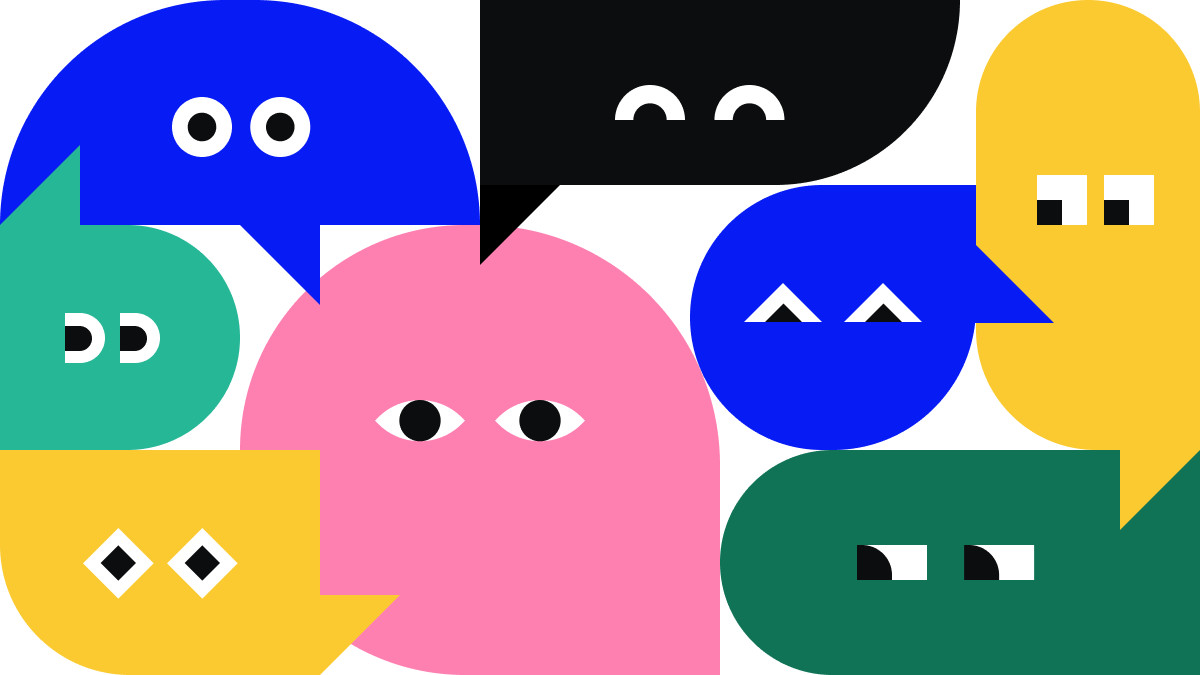 Der Header ist ein Wimmelbild von verschiedenen abstrackten Köpfen, die Augen haben und sich zu einer Sprechblase formen. 