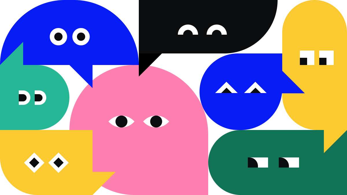 Der Header ist ein Wimmelbild von verschiedenen abstrackten Köpfen, die Augen haben und sich zu einer Sprechblase formen. 