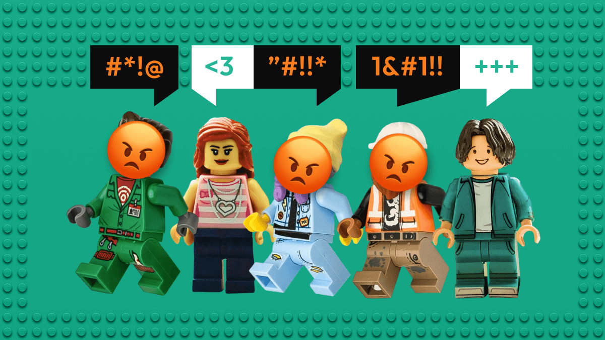 Fünf Legofiguren stehen nebeneinander, über ihren Köpfen sind Sprechblasen mit abwechselnd freundlichen und wütenden Symbolen. Die Figuren mit den wütenden Sprechblasen haben einen orange-roten böse blickenden Emoji vor ihren Gesichtern.