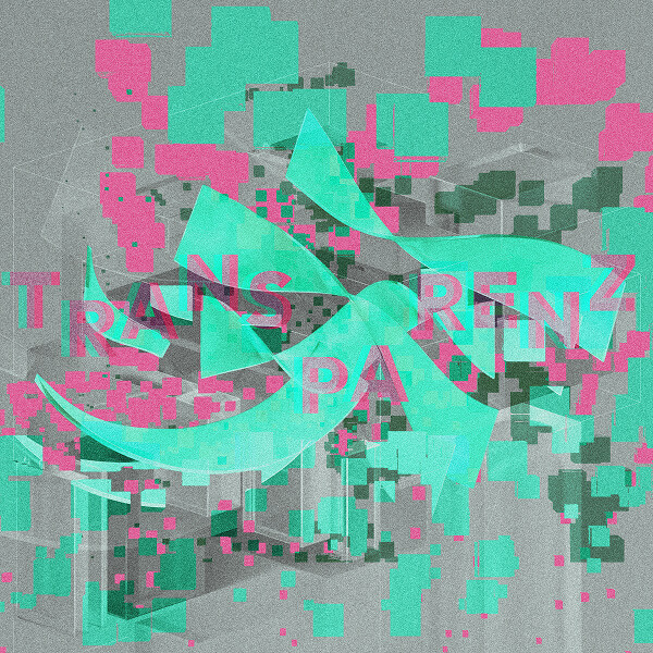 Ein verpixeltes Bild in pink und grün zeigt ein abstraktes Gebilde und darüber liegend den Schriftzug 