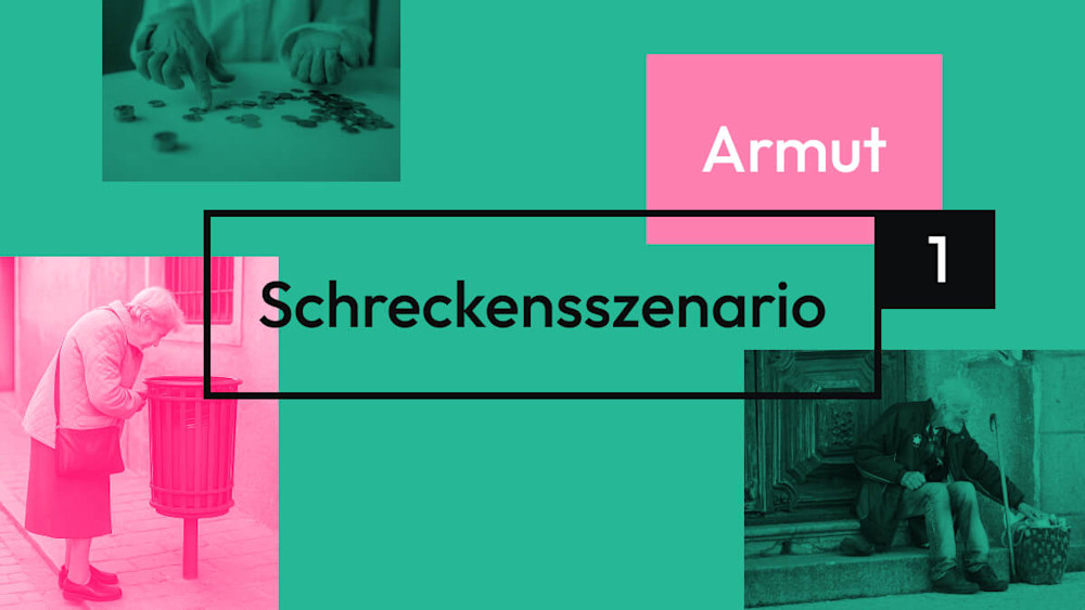 Ein Bild einer alten Frau, die Flaschen sammelt, ein anderes eines Menschen beim Geld zählen. Außerdem ein pinker Kasten mit dem Schriftzug Armut vor grünem Hintergrund.