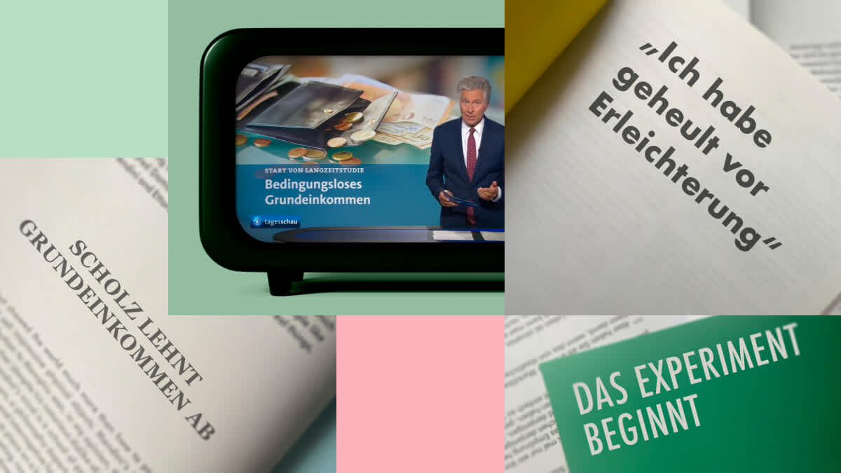 Collage aus mehreren Zeitungs-Schlagzeilen und einem Fernseher, auf dem die Tagesschau läuft