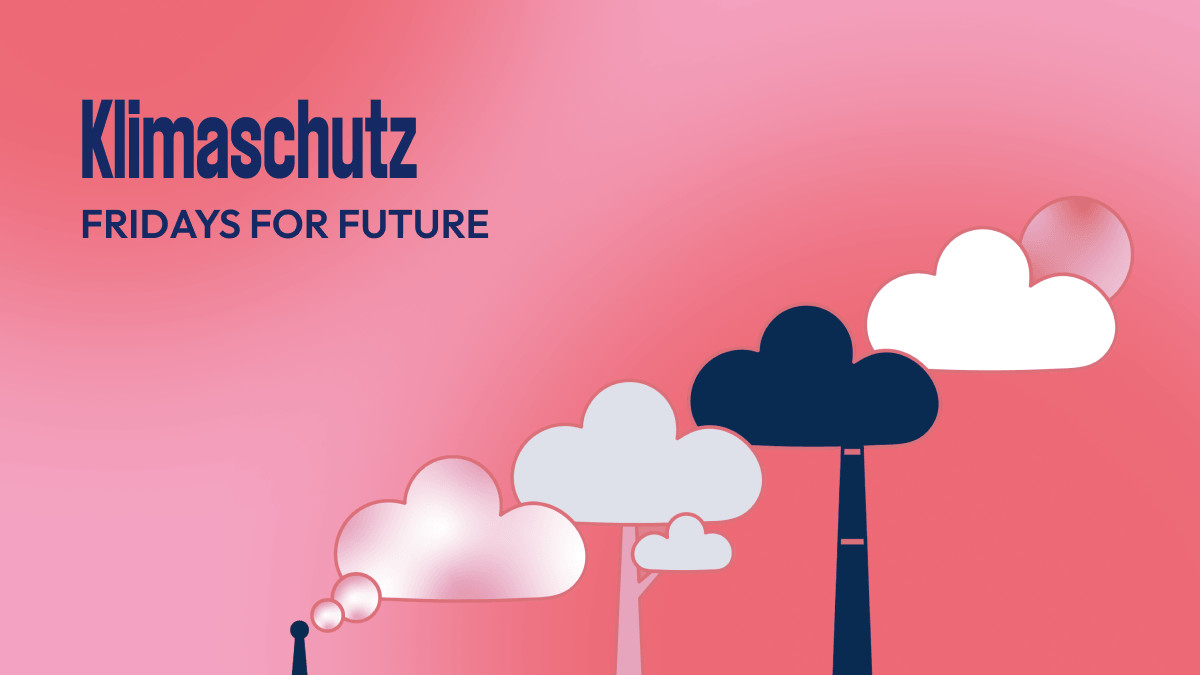 In dunkelblauer Schrift auf pinkfarbenem Hintergrund steht "Klimaschutz Fridays for Future" geschrieben, darunter eine Grafik, die Wolken, Industrieschornsteine und einen Baum zeigt.