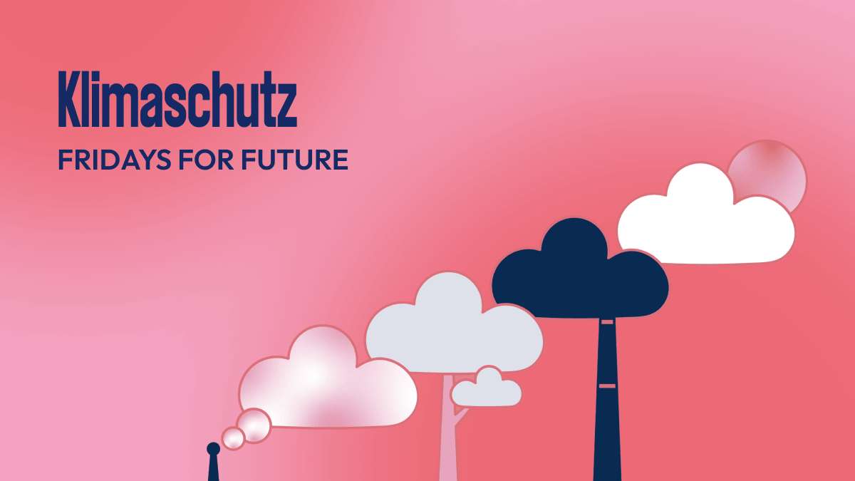 In dunkelblauer Schrift auf pinkfarbenem Hintergrund steht "Klimaschutz Fridays for Future" geschrieben, darunter eine Grafik, die Wolken, Industrieschornsteine und einen Baum zeigt.