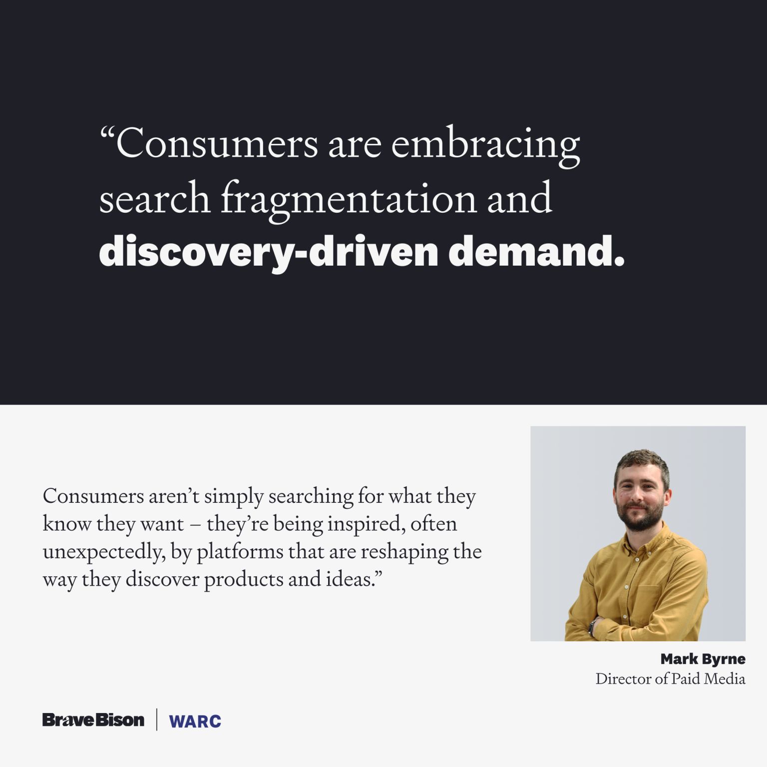 Google still dominates demand capture, but discovery-first platforms like TikTok, Reddit, Inc. and Amazon are now shaping it before users ever type a query. In fact, Statista says 59% of online searches for home and kitchen products in the UK now take place on Amazon, compared to 41% on Google. 
 
It's time for brands to capitalise on search fragmentation and lean into discovery-driven demand, argues our director of paid media Mark Byrne.  
 
In his latest piece for WARC, Mark explains how search fragmentation across platforms is redefining discovery, plus how you can leverage discovery-driven demand to tap into new audiences. 