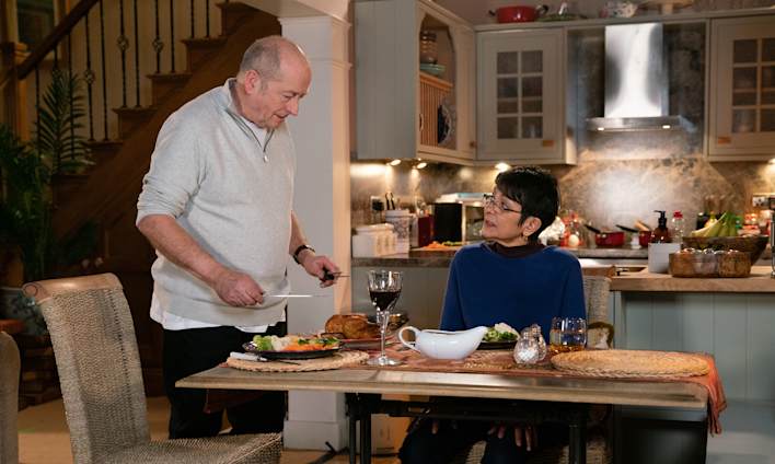 Geoff and Yasmeen at the dining table - Coronation Street - ITV