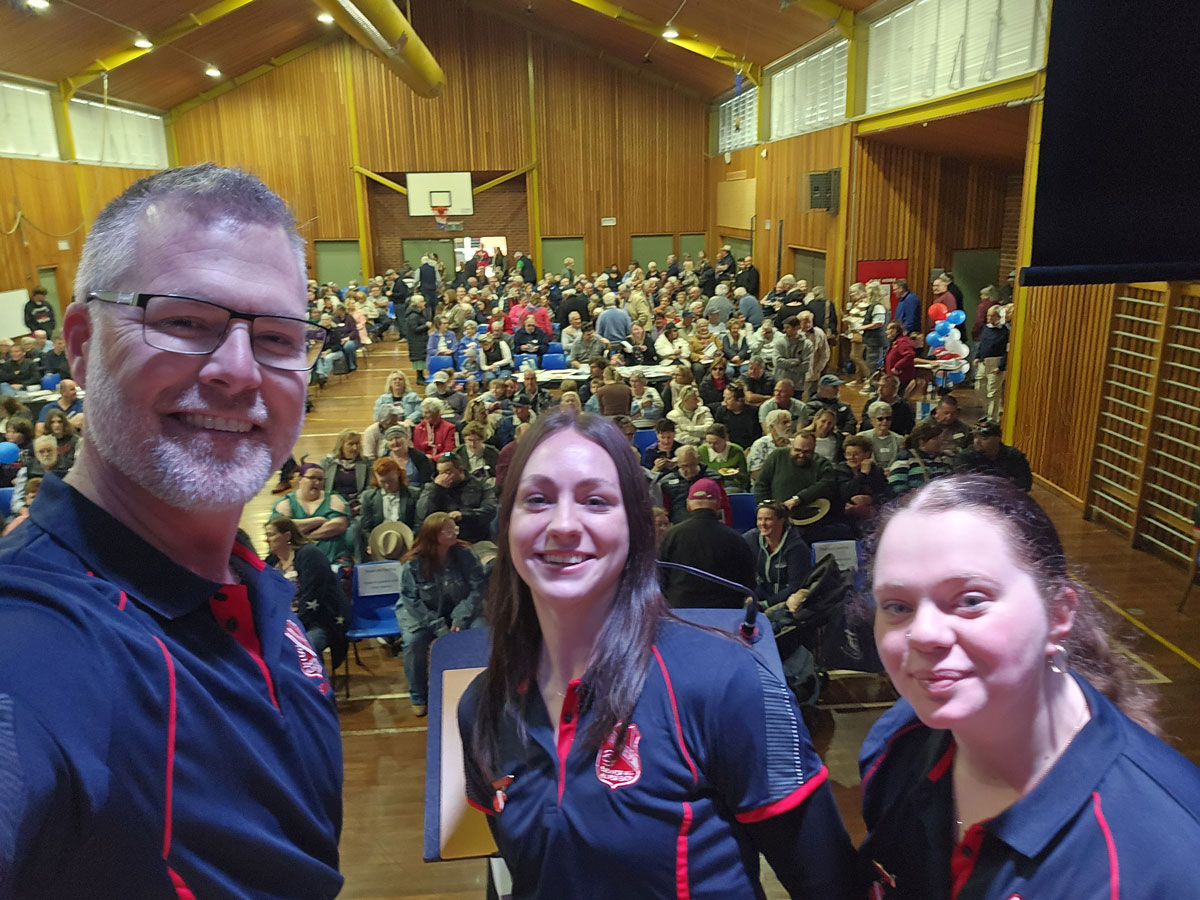 Principa-Graham-Jones-with-School-Captains-Emma-and-Jenna----watching-the-crowd-fill-the-Hall-for-the-presentation