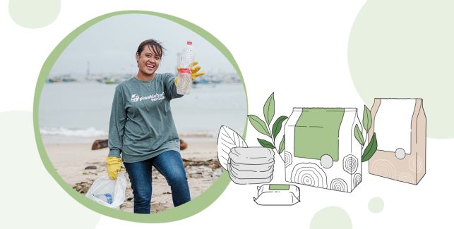 Illustration von LILLYDOO green Windeln, Pants und Feuchttüchern und ein Bild von einer Frau mit Plastikflache in der Hand und Plastic Bank-Shirt