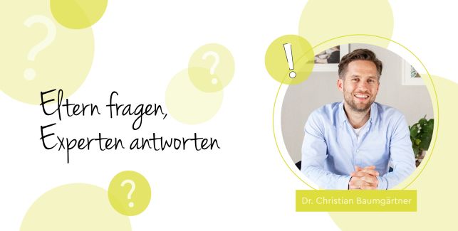Illustration Expertenkolumne Eltern fragen, Experten antworten mit Bild von Frauenarzt Dr. Christian Baumgärtner.