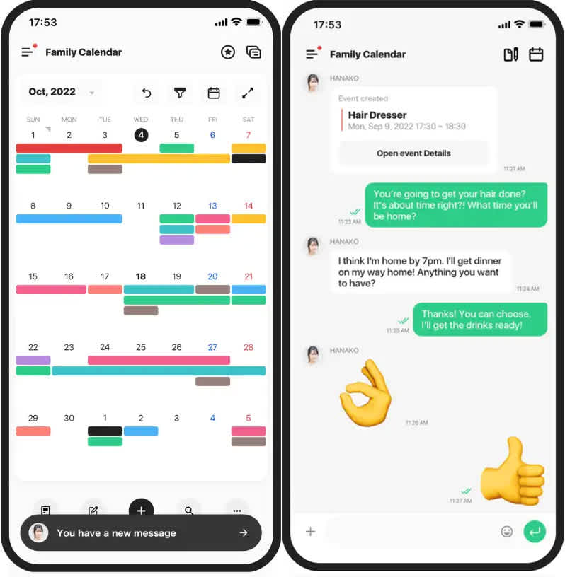 Die neue Funktion "TimeTree Kalender Chat", mit der Sie Nachrichten mit