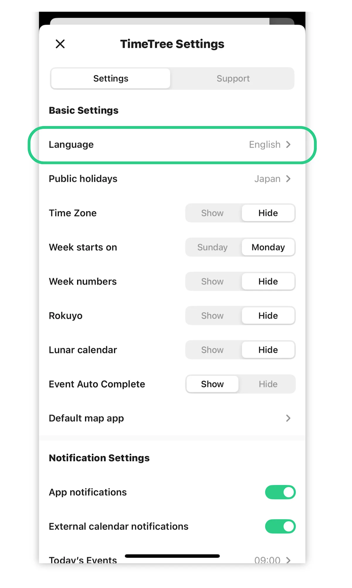 Notice of change in the in-app language settings - TimeTree