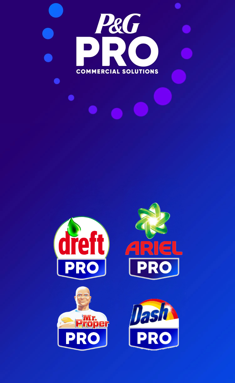 P&G PRO Commerciële Oplossingen banner met de logo's van Dreft PRO, Dash PRO, Mr. Proper PRO en Ariel PRO