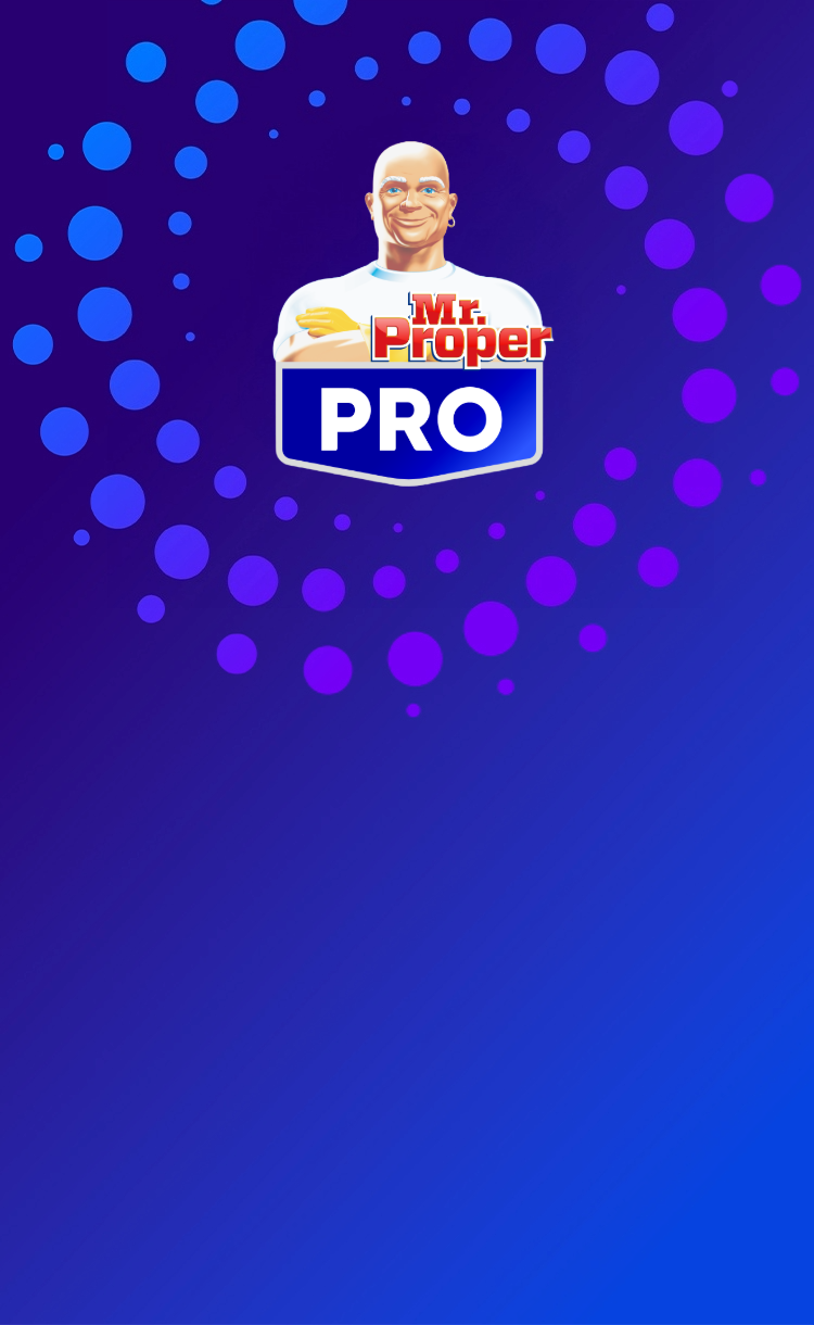 Een promotiebanner voor Mr. Proper PRO met de Mr. Proper-mascotte, borsthoogte, met gekruiste armen en een glimlach. Onder de mascotte staat het Mr. Proper PRO-logo op een paarse en blauwe achtergrond met cirkelpatroon.