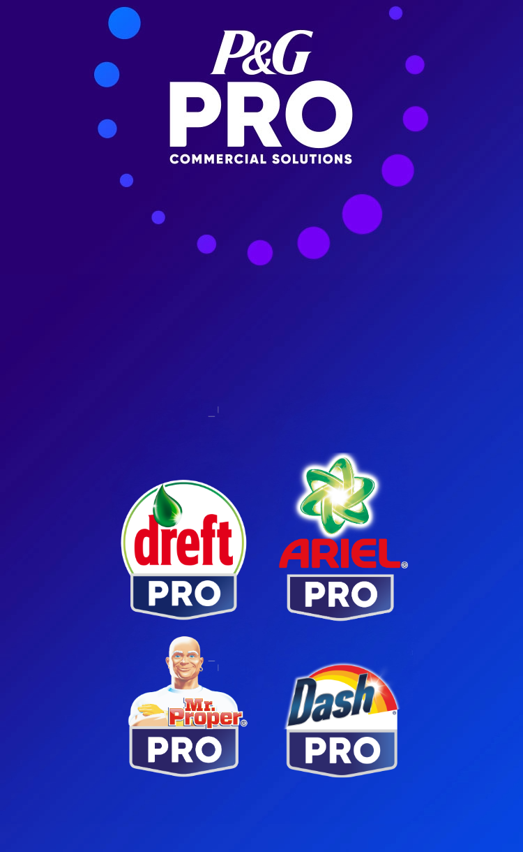 P&G PRO Commerciële Oplossingen banner met de logo's van Dreft PRO, Dash PRO, Mr. Proper PRO en Ariel PRO