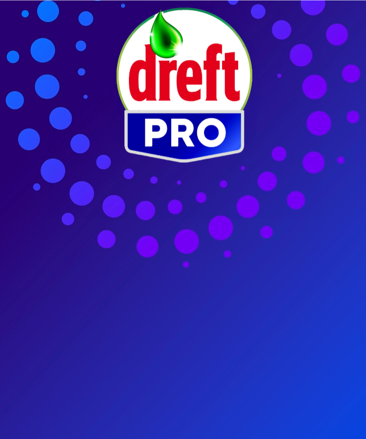 Het Dreft PRO-logo op een blauwe en paarse banner met een stippenpatroon.
