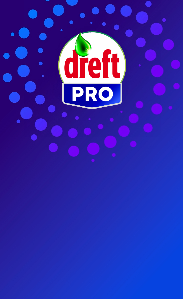 Het Dreft PRO-logo op een blauwe en paarse banner met een stippenpatroon.