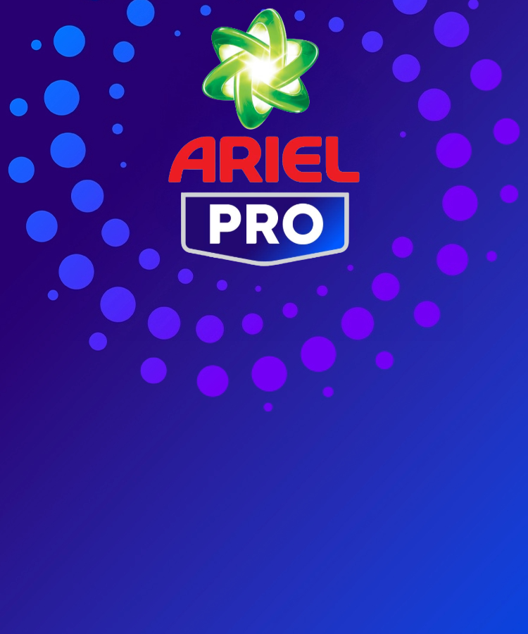 Het Ariel PRO-logo op een donkerblauwe achtergrond met blauwe en paarse bellen.