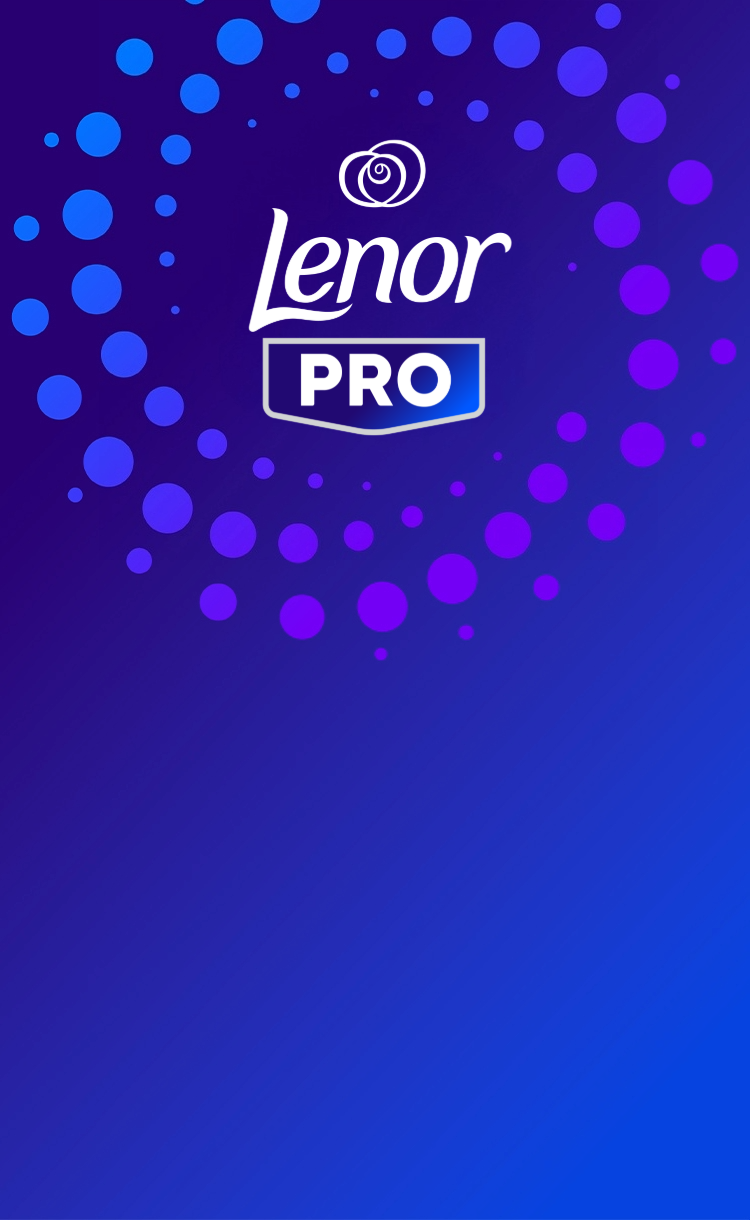 Donkerblauwe tot paarse banner met het witte Lenor Pro-logo en een patroon van blauwe en paarse cirkelvormige bubbels. Het Lenor Pro-logo bevindt zich links op de afbeelding.