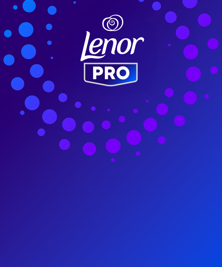 Donkerblauwe tot paarse banner met het witte Lenor Pro-logo en een patroon van blauwe en paarse cirkelvormige bubbels. Het Lenor Pro-logo bevindt zich links op de afbeelding.