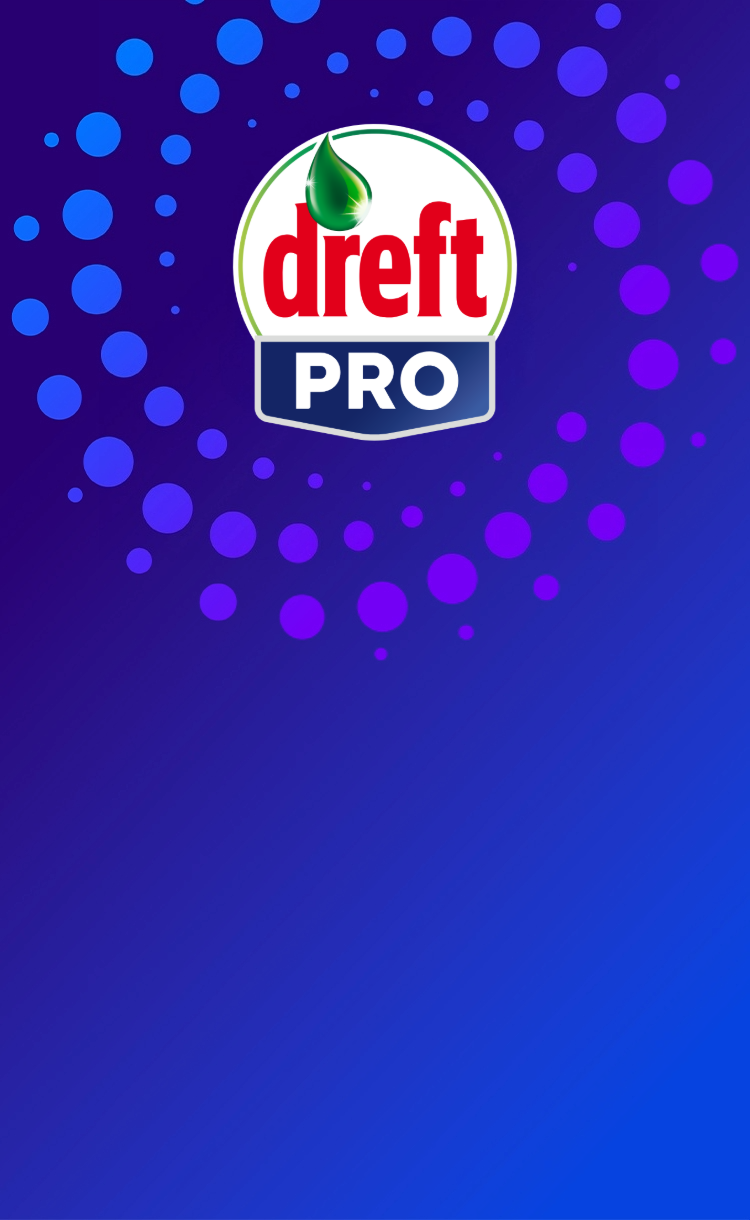 Het Dreft PRO-logo op een blauwe en paarse banner met een stippenpatroon.