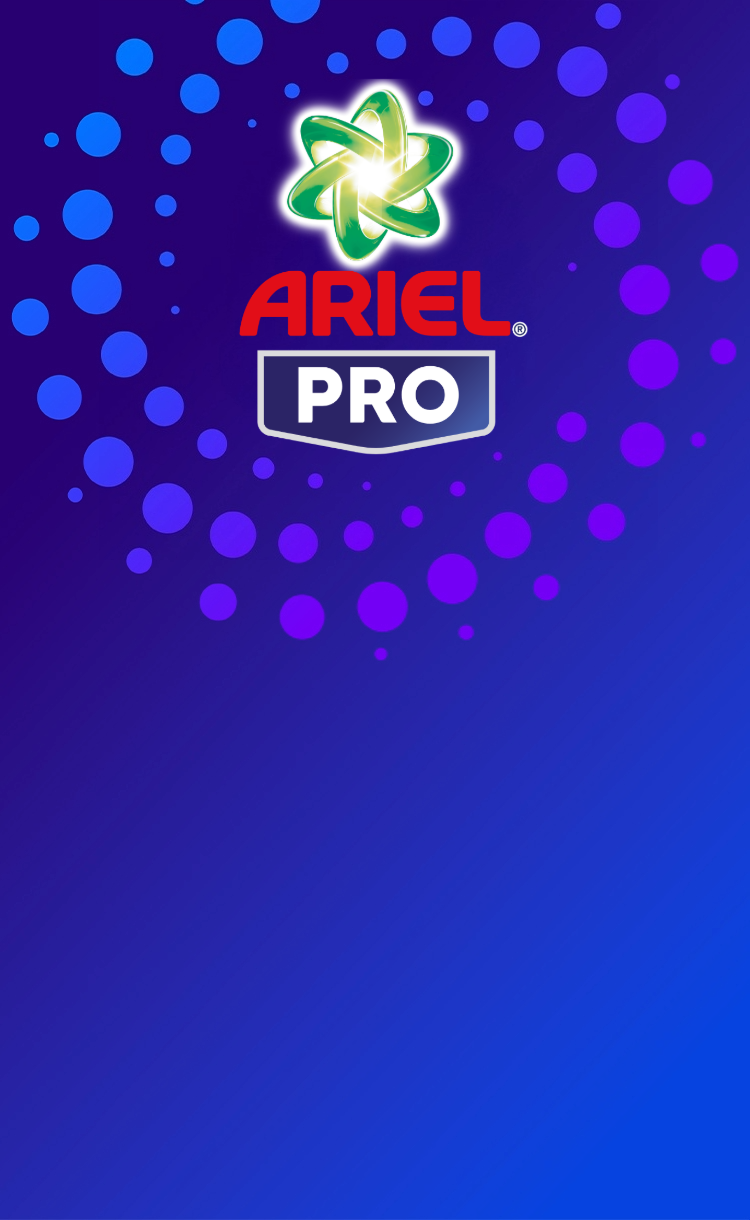Het Ariel PRO-logo op een donkerblauwe achtergrond met blauwe en paarse bellen.