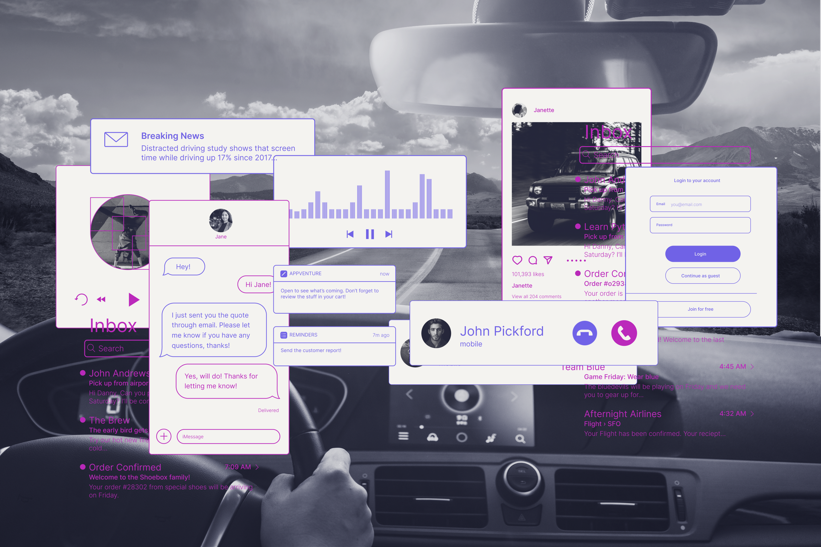 Collage of images showing vehicle and phone notifications like social media, email, music, and phone calls to represent distracted driving trends.