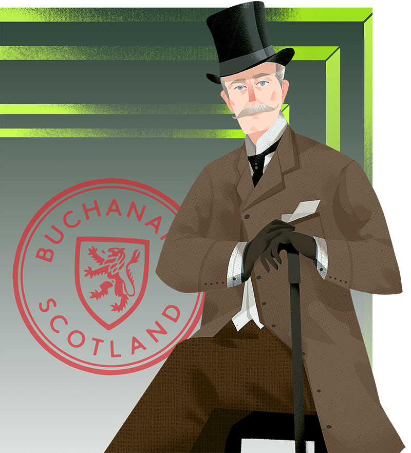 James Buchanan sitting on a stool with the Buchanan's seal to the left of him.