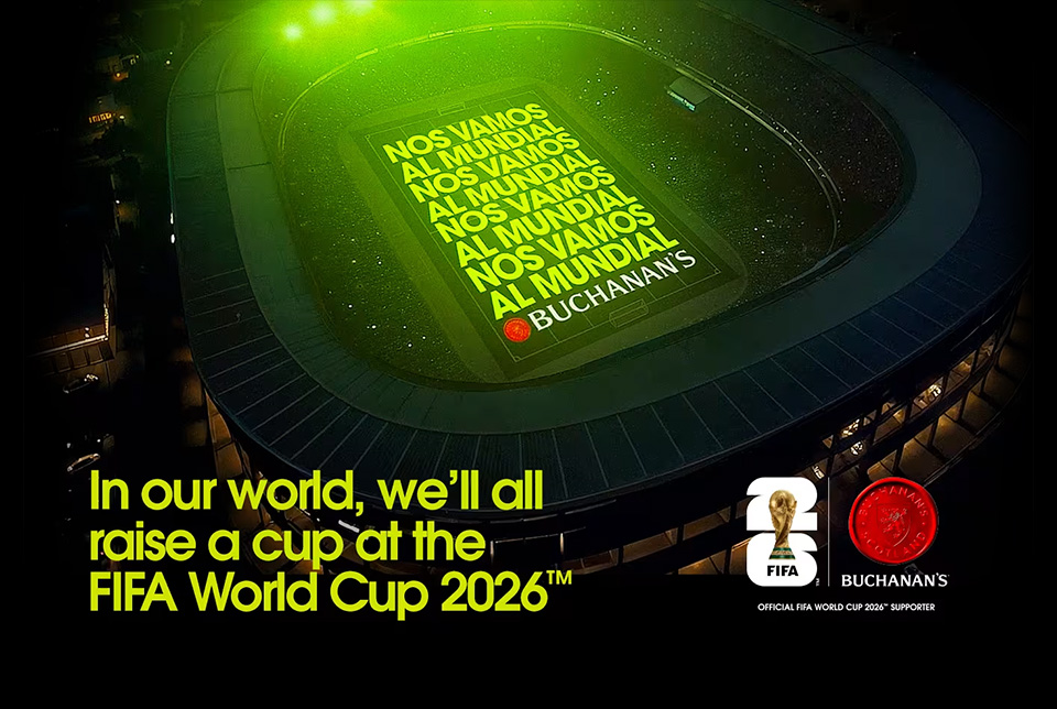Buchanan's Deluxe Whisky, Buchanan's Pineapple Whisky, the FIFA logo, and Buchanan's seal. Text says "Official supporter of the FIFA World Cup 2026".