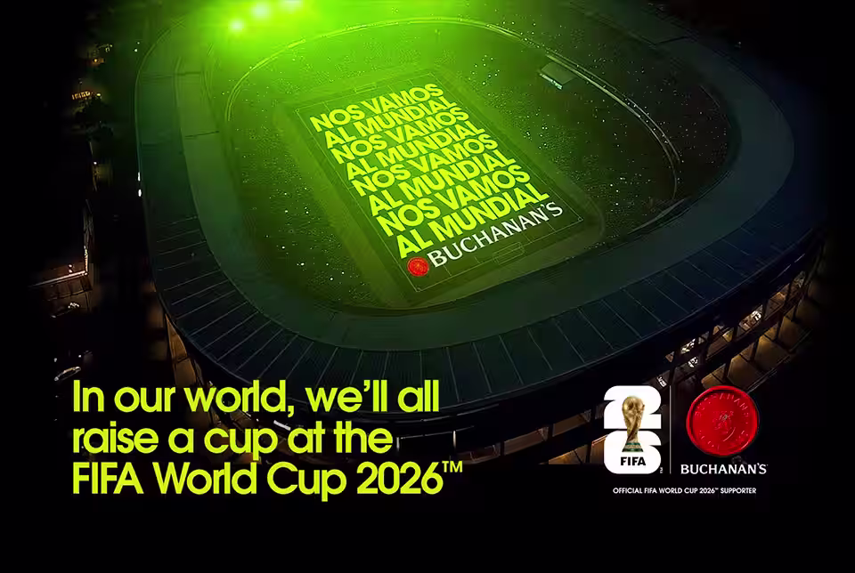 Buchanan's Deluxe Whisky, Buchanan's Pineapple Whisky, the FIFA logo, and Buchanan's seal. Text says "Official supporter of the FIFA World Cup 2026". 