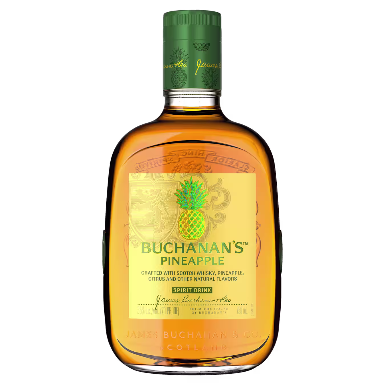 A bottle of Buchanan's Pineapple with a yellow background
