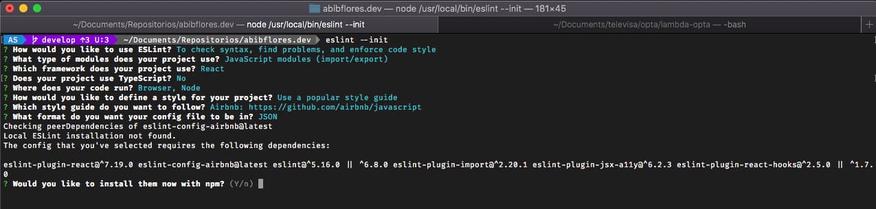 Para aplicar esta guía de estilo la terminal nos pregunta si queremos instalar las dependencias necesarias para nuestra configuración de eslint