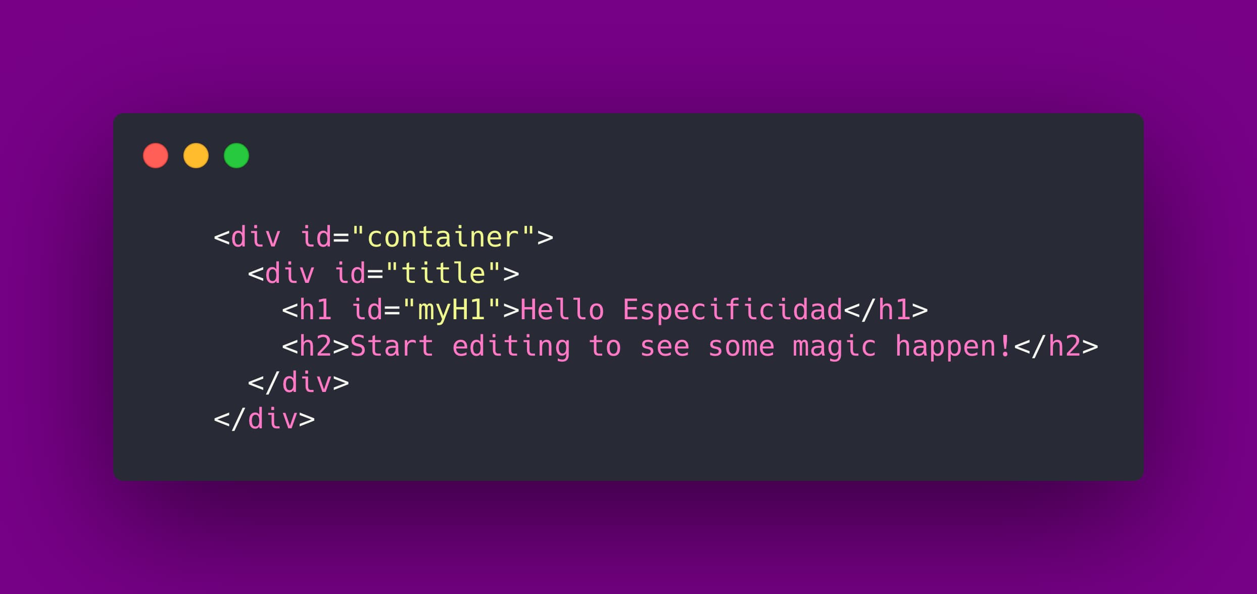 Estructura HTML para el ejemplo de especificidad, tenemos un div con la clase container, otro div adentro con la clase title y dentro de este div un h1 con nuestro titulo.