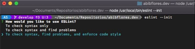 Foto de la terminal ejecutando el comando eslint --init