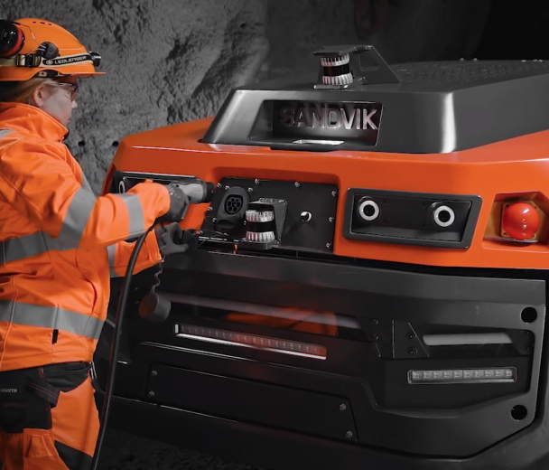 An Ouster digital lidar sensor helps the Sandvik Automine concept see