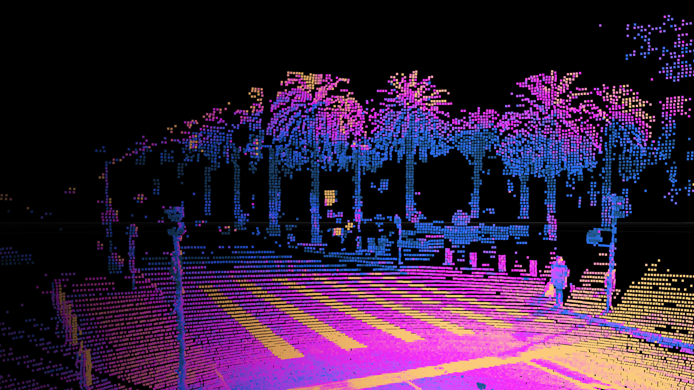 An Ouster digital lidar sensor captures people and vehicles at an intersection