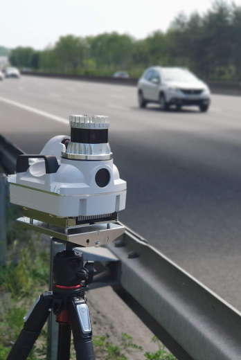 An Ouster digital lidar sensor installed on a roadside unit to measure vehicle speed on highways in Northern France 