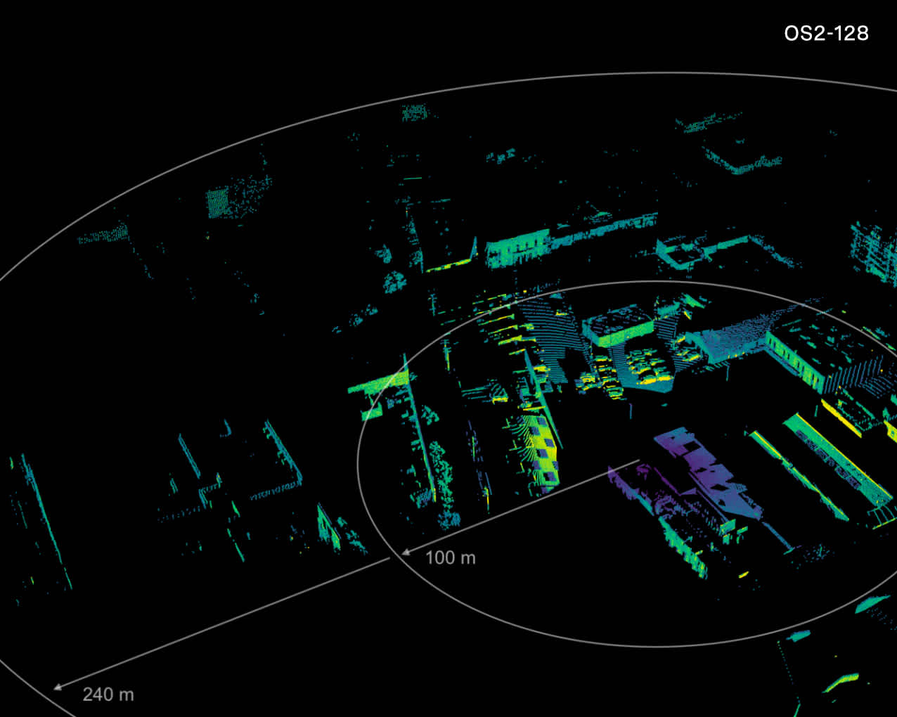 A point cloud of the OS2-128 long-range lidar sensor driving through San Francisco.