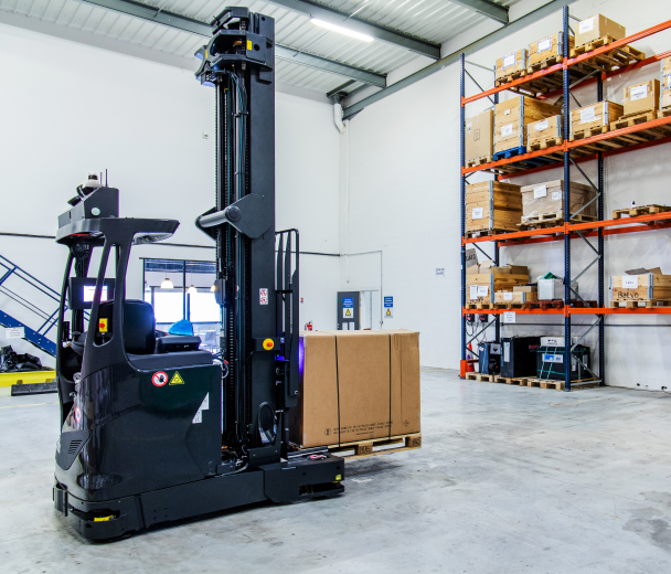 An Ouster digital lidar sensor on a Balyo autonomous forklift