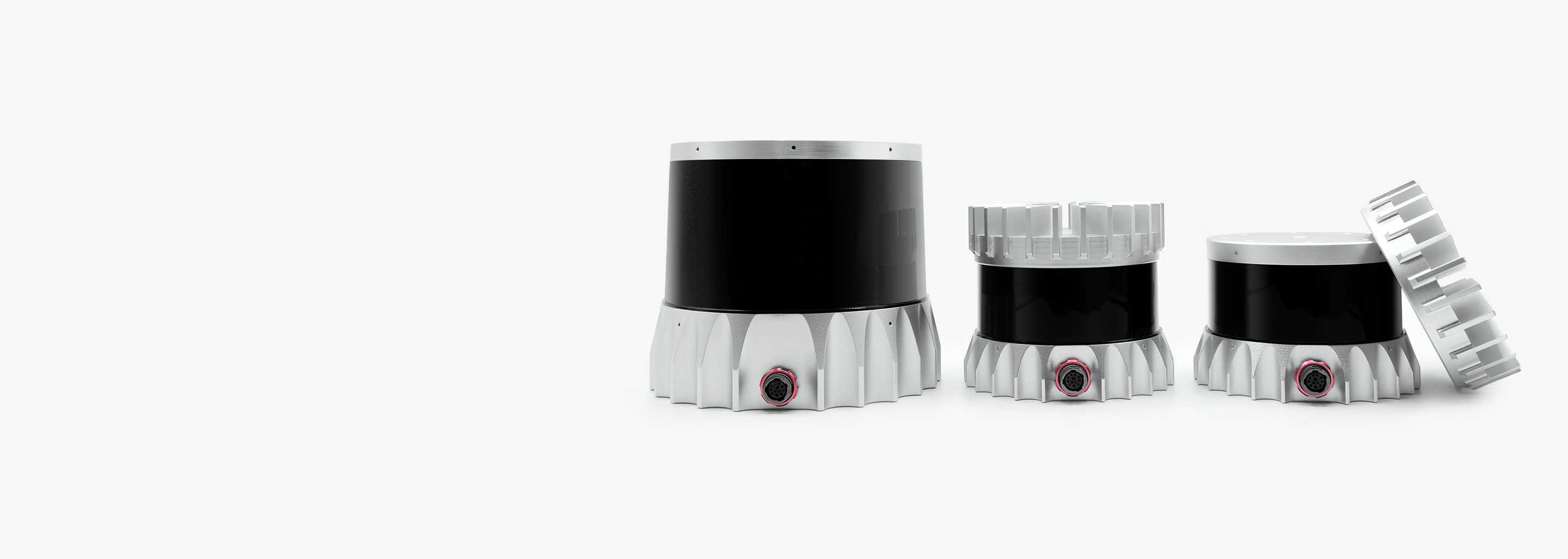 The Ouster OS2 long-range lidar sensor, the OS1 mid-range lidar sensor, and the OS0 ultra-wide view lidar sensor.